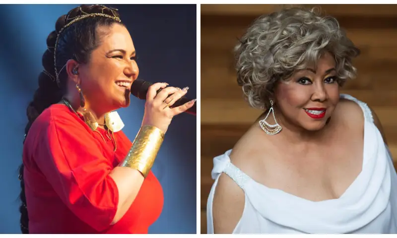 Montagem com duas cantoras, uma de vermelho ao microfone e Alcione de branco