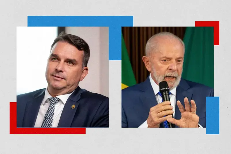 Montagem com fotos de Flávio Bolsonaro e Lula