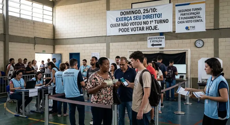 Eleitores em fila em um local de votação com faixa sobre o segundo turno