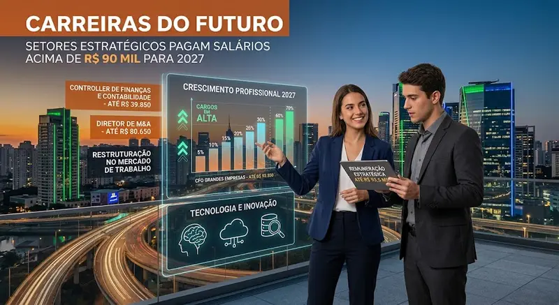 Arte com o título Carreiras do Futuro e dois profissionais diante de gráficos de salários