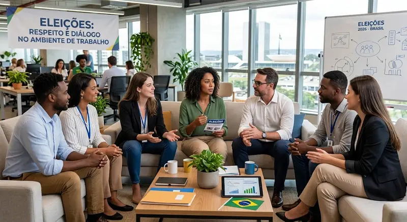 Grupo de colegas de trabalho conversando em um escritório com cartaz sobre eleições