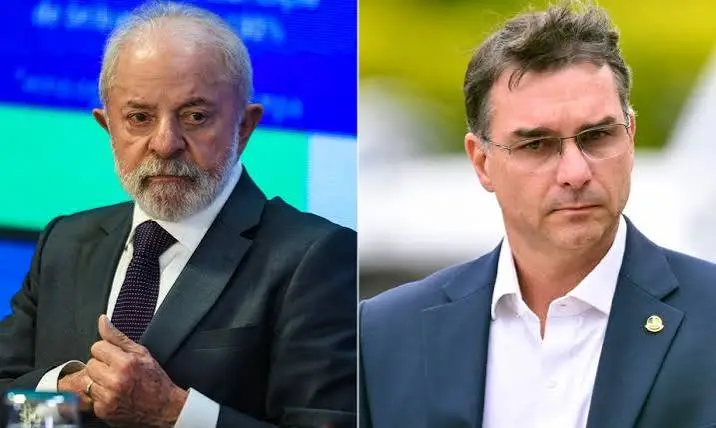 Montagem com Lula e Flávio Bolsonaro lado a lado