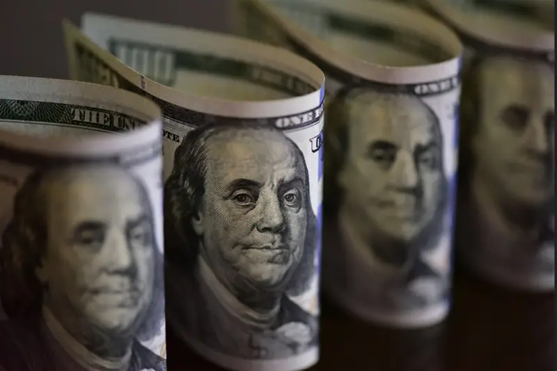 Notas de dólar enroladas lado a lado