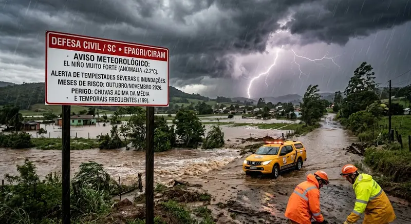 Placa de aviso meteorológico da Defesa Civil e equipe de resgate em rua alagada