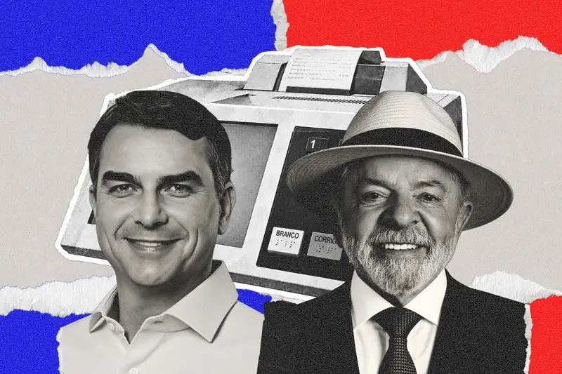 Montagem com Flávio Bolsonaro e Lula de chapéu diante de uma urna eletrônica