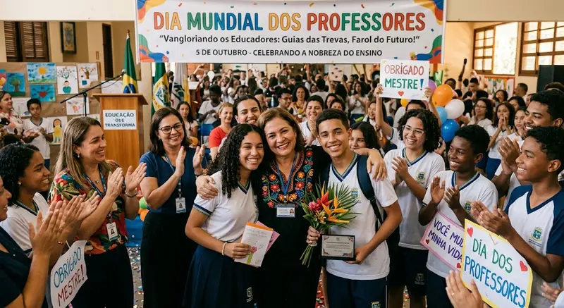 Professores e alunos comemorando o Dia Mundial dos Professores em uma escola
