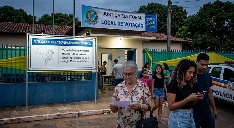 Eleitores diante de um local de votação com placa da Justiça Eleitoral sobre mudança de endereço