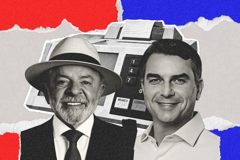 Montagem com Lula de chapéu e Flávio Bolsonaro diante de uma urna eletrônica