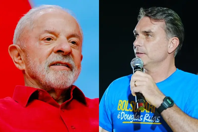 Montagem com Lula de camisa vermelha e Flávio Bolsonaro falando ao microfone