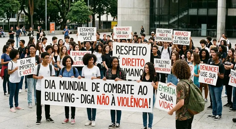 Estudantes em protesto com faixa do Dia Mundial de Combate ao Bullying