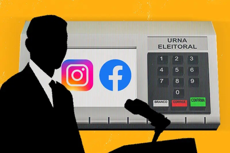 Ilustração de silhueta de homem diante de urna eletrônica com os símbolos do Instagram e do Facebook