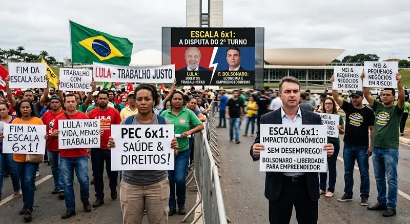 Manifestantes com cartazes sobre a escala 6x1 diante do Congresso Nacional