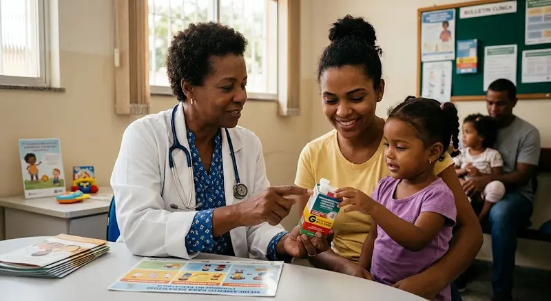 Médica mostrando um medicamento a uma mãe com a filha no colo em um consultório