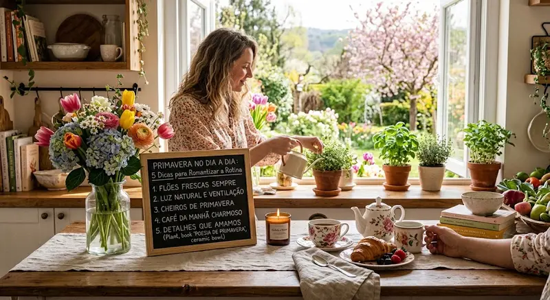 Mulher arrumando flores e plantas em uma cozinha iluminada