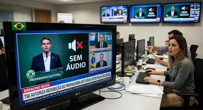 Telão mostrando propaganda eleitoral sem áudio em uma redação com jornalistas