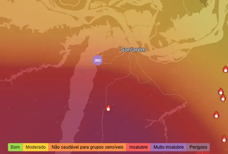 Mapa da qualidade do ar na região de Santarém em tons de laranja e vermelho