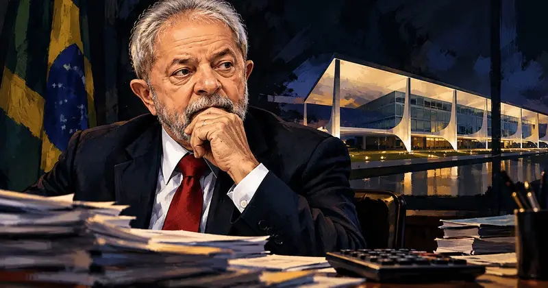 Ilustração de Lula pensativo em uma mesa cheia de papéis diante do Palácio do Planalto