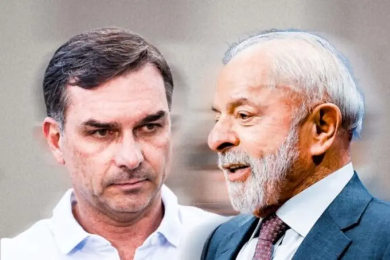 Montagem com Flávio Bolsonaro e Lula lado a lado