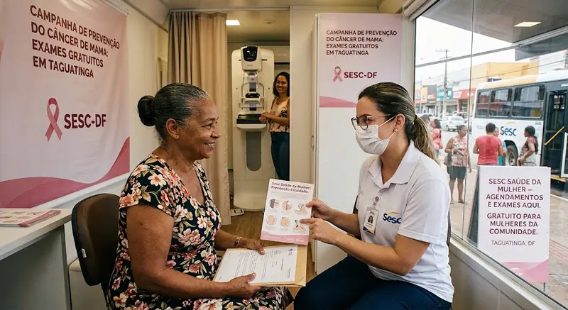 Mulher sendo atendida por profissional do Sesc em uma unidade móvel de mamografia