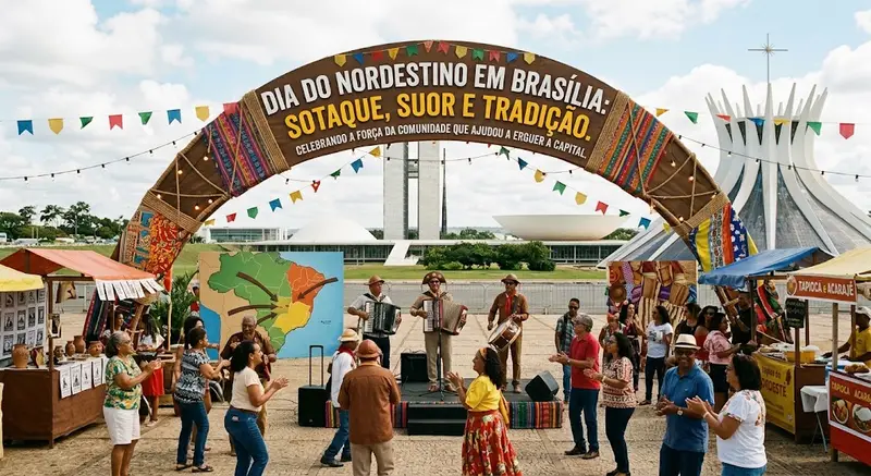 Festa com arco do Dia do Nordestino em Brasília, barracas e pessoas dançando diante da Catedral