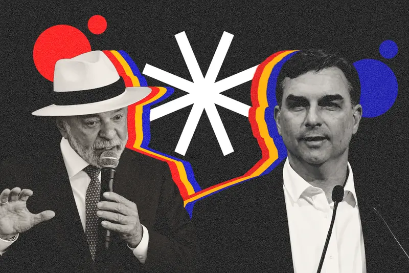 Ilustração com Lula ao microfone e Flávio Bolsonaro em fundo escuro